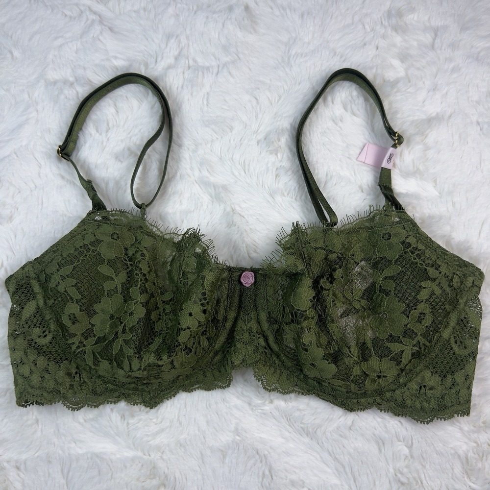 Victoria's Secret Dream Angels Wicked Unlined Lace Balconette Bra Green 34DDD